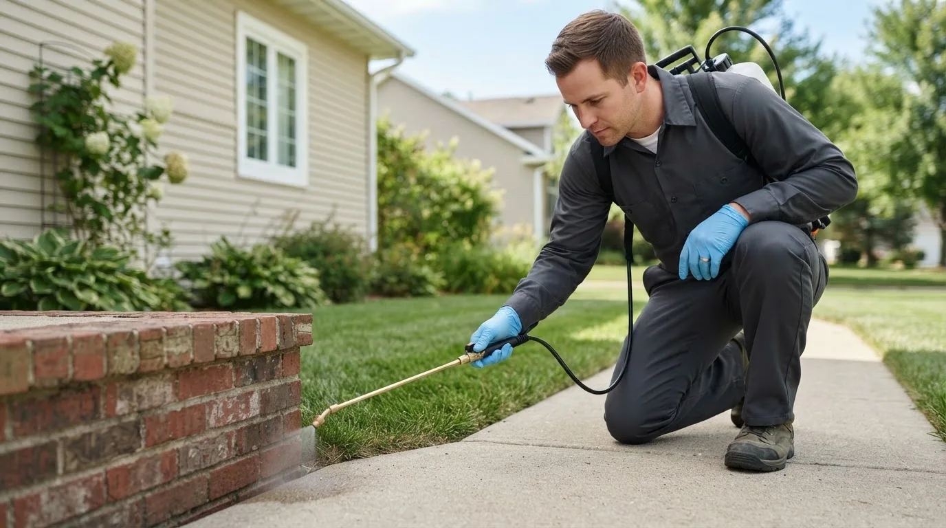 Pest control technician treating a home near Charles City, IA