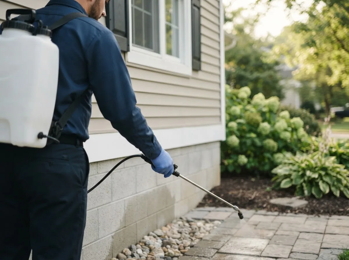 Pest control technician inspecting a home in Charles City, IA
